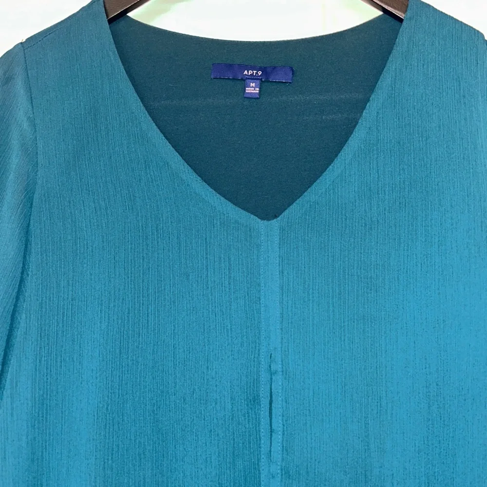 Apt. 9 Layered V-Neck Women’s Top M Teal NWT Pullover Sheer Sleeve Casual